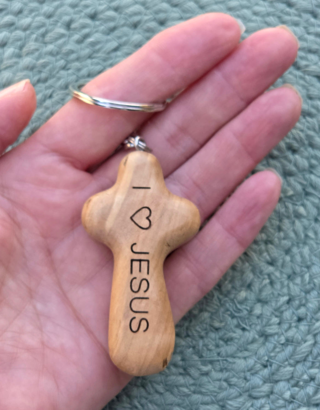 Olive Wood Comfort Holding Cross / Keychain - I ♡ Jesus
