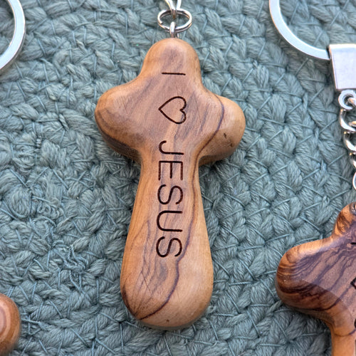 Olive Wood Comfort Holding Cross / Keychain - I ♡ Jesus