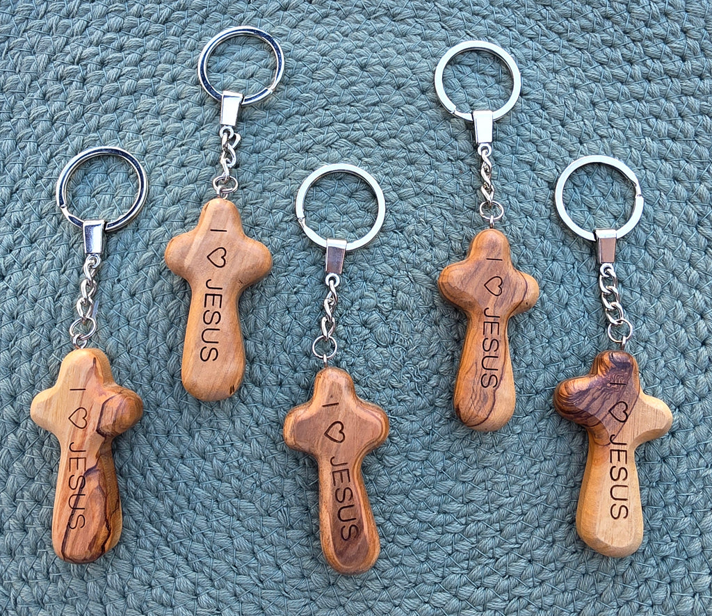 Olive Wood Comfort Holding Cross / Keychain - I ♡ Jesus