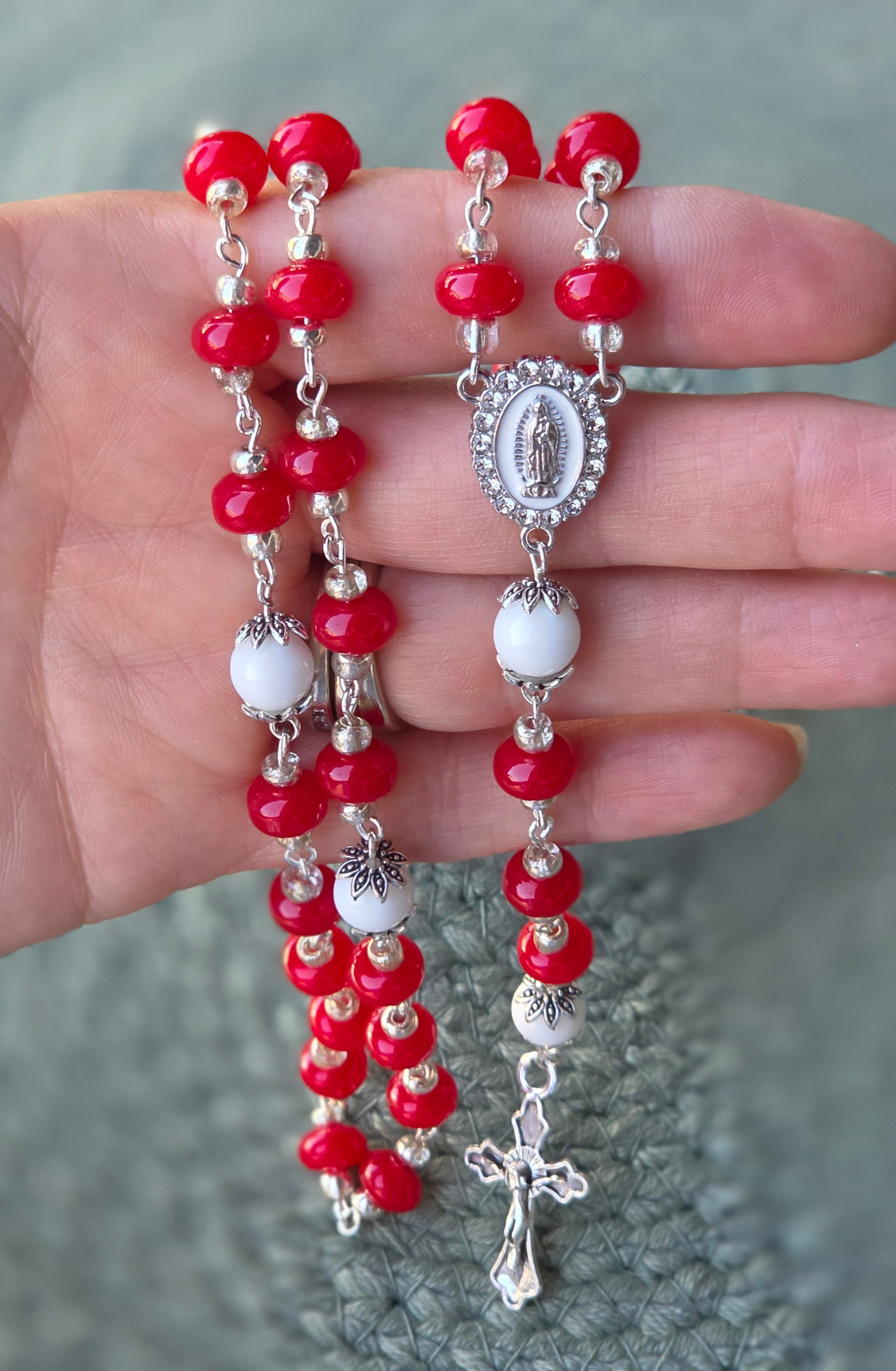 Red & White Beaded Rosary ~ Love and Purity